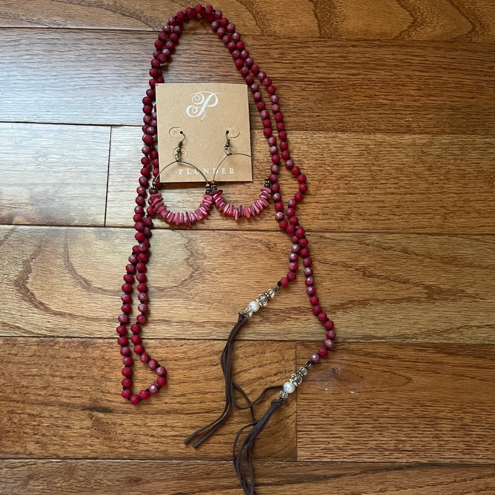 Plunder- Long Red beaded necklace with matching hoop earrings